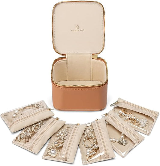 Vlando Travel Jewelry Case,Valentines Gifts,Small Jewelry Box Organizer,Travel Jewelry Storage with 6 Velvet Jewelry Zipper Pockets, Birthday Gifts for Women Girls (Brown)