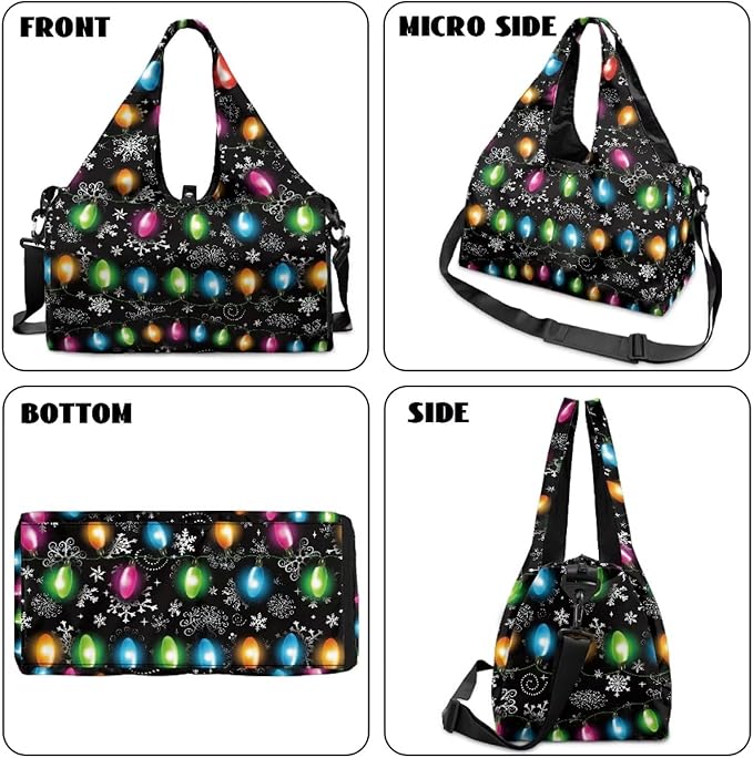 Christmas Colorful Lights Womens Gym Tote Duffle Bag with Shoe Compartment Lightweight Carry On Bag for Beach Swim Sports Overnight Weekender Hospital Bags Gifts for Christmas