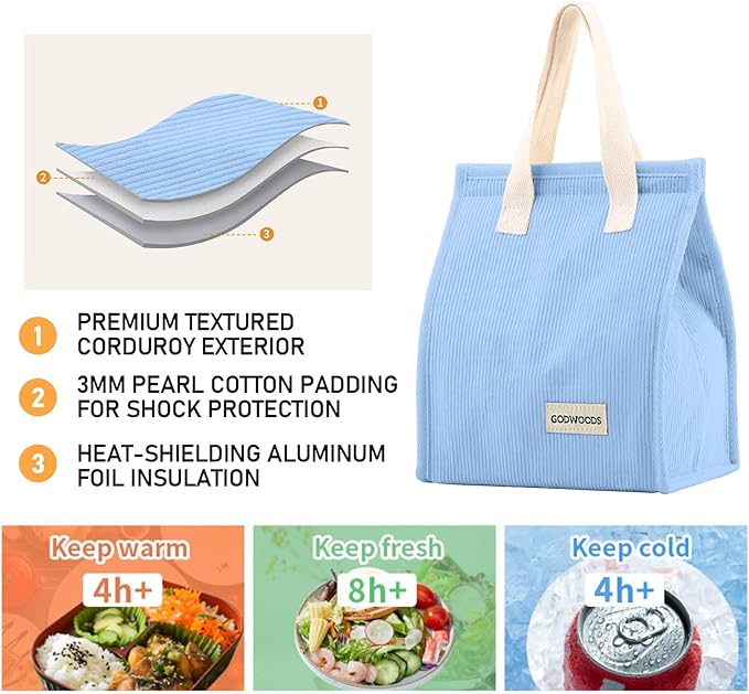 TELLUMO Corduroy Lunch Bag for Women Men Cute Lunch Bag Insulated Lunch Box with Large Capacity (7.5L) Reusable Lunchbag for Work, Picnic, Beach or Travel (S- Corduroy Blue)