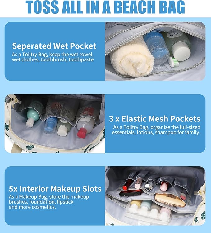 Beach Bags for Women, Large Waterproof Sandproof Swim Pool Bag with Dry Wet Seperated Pocket Utility Tote Bag