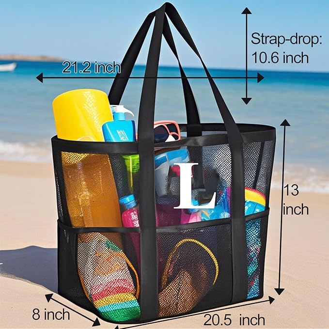 Personalized Mesh Beach Bag for Women - Waterproof Initial Tote Bag for Family Travel, Toys, Vacation Essentials