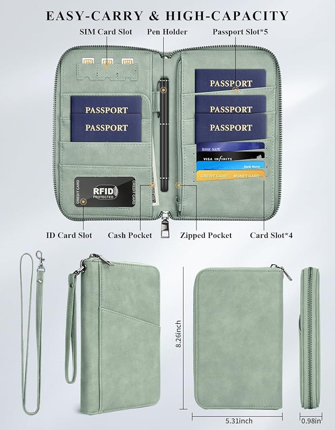 Family Passport Holder Wallet RFID Travel Document Organizer for Women Men, Portable Case Cover for Cards, Boarding Pass with Wrist & Neck Double Strap, Travel Christmas Gifts (Sage Green, 1pack)