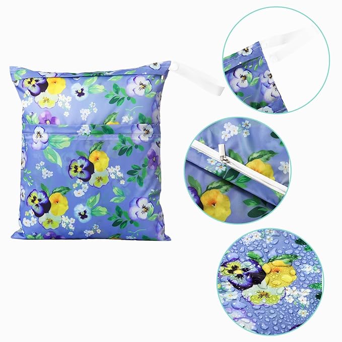 Frienda 4 Pieces Wet Dry Bag for Baby Waterproof Reusable Washable Diaper Bag Sealed with Handle for Travel, Beach, Swimsuit, Diapers, Dirty Gym Clothes and Toiletries (Plant)