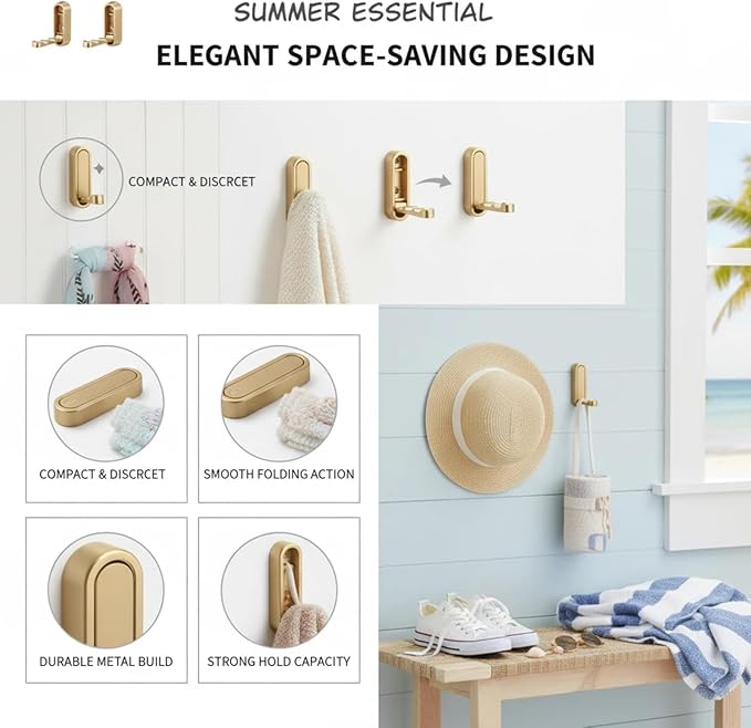 2PC Foldable Wall Hooks - Gold Coat Hooks for Closet, Door & Bathroom | Heavy Duty Folding Hangers for Hanging Coats, Belts, Backpacks, Towels | Space-Saving Wall Hook Set (Gray, 2Pack)