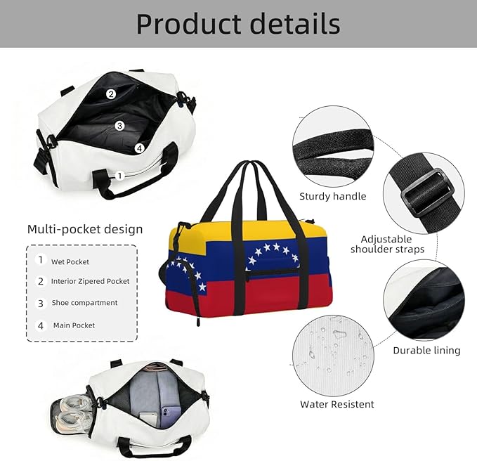 Flag of Venezuela Print Gym Bag with Shoe Compartment for Women Men, 17.7in Sports Duffle Weekender Tote, Overnight Travel Duffel Bag Carry On