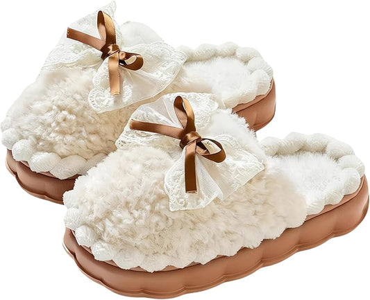 Cute Bow Slippers for Women, Womens Fuzzy Fluffy Cozy Indoor Outdoor House Slippers