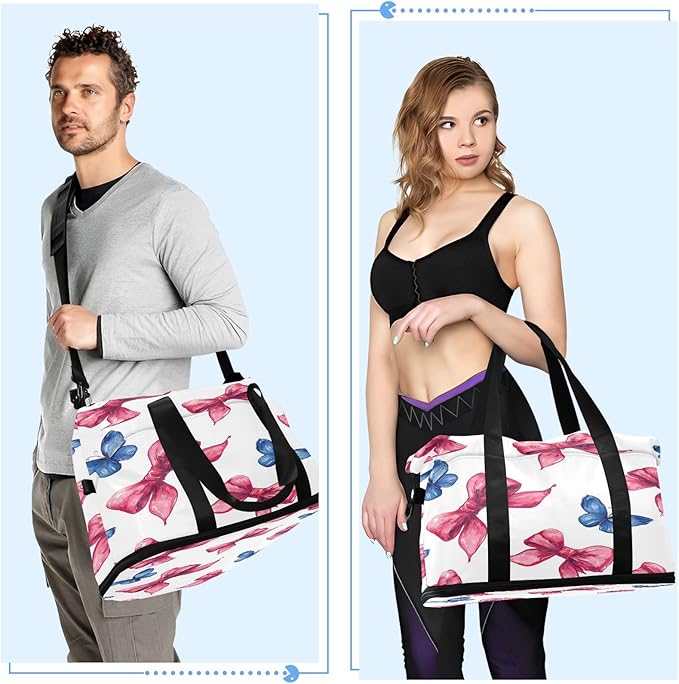Travel Duffel Bags for Women Red Bow & Blue Butterfly Sports Duffel Bags Gym Bags with Shoes Compartment Tote Bag Weekender Bag for Travelling