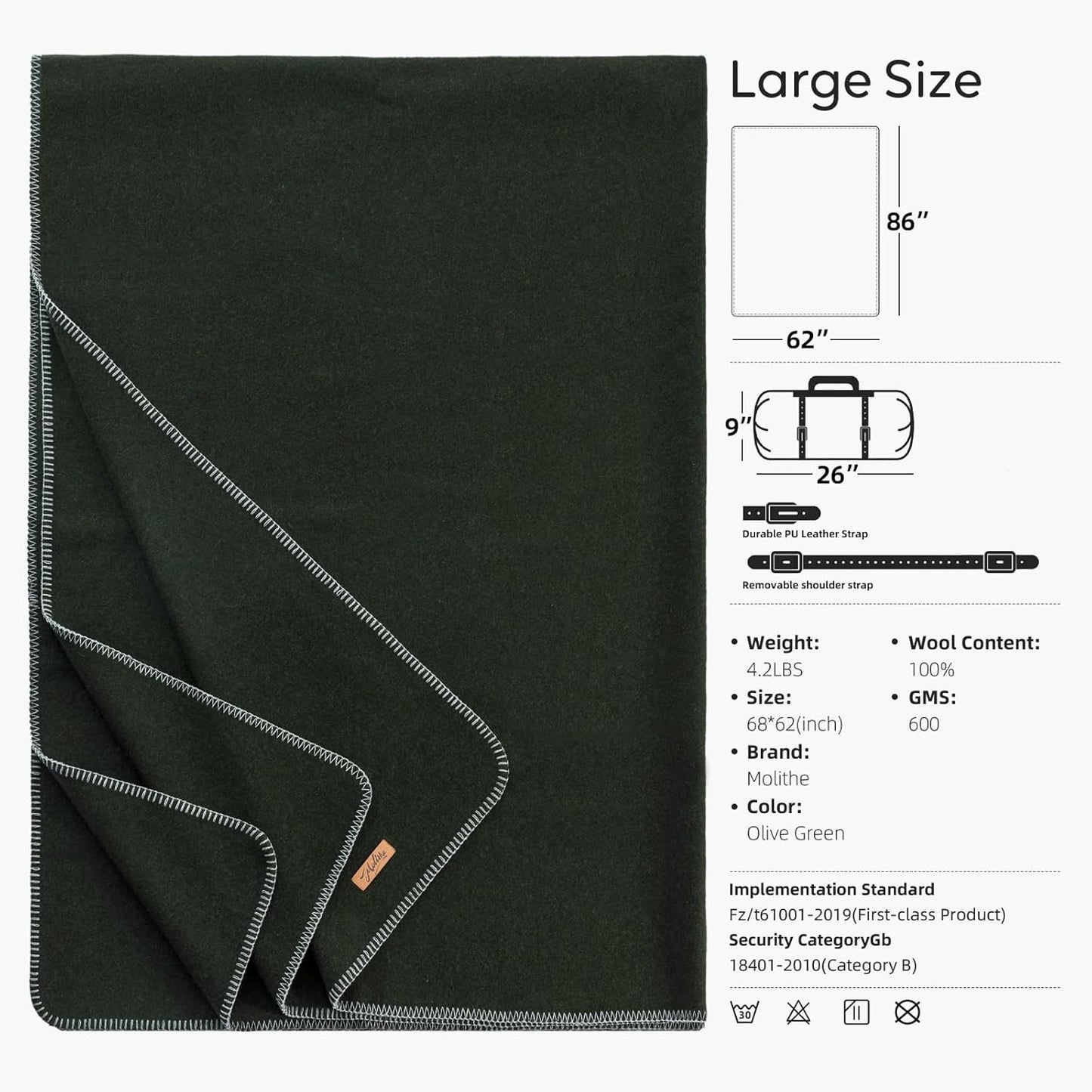 100% Wool Blanket, 62" x 86", Warm, Thick, Washable, Military Wool Blanket, Great for Camping, Outdoors, Sporting Events, Survival Kits