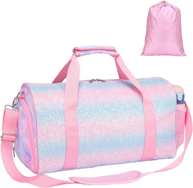 Bagseri Dance Bag for Girls - Kids Duffle with Shoe Compartment, Gymnastics Tote for Sleepover Travel with Water Resistant Wet Pocket (Tie-dye,Pink)