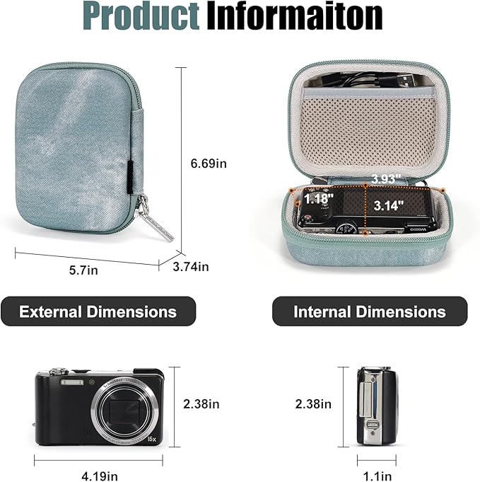 Cwatcun Carrying & Protective Case for Digital Camera, Small Camera Pouch for AbergBest 2.7" LCD Kodak Pixpro/Canon PowerShot ELPH 180/190 / DSCW830 Travel Cameras, Waterproof Shockproof Case，Grey