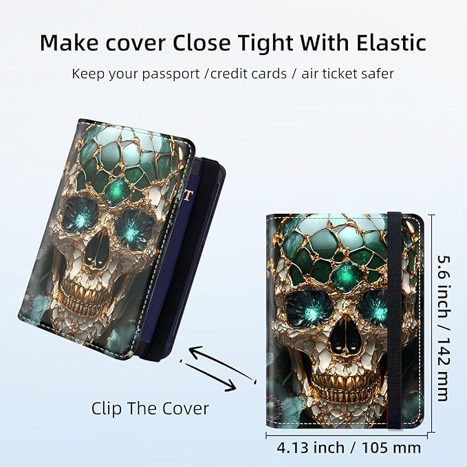 Passport Holder for Travel, RFID Blocking Passport Holder Travel Walle, Passport and Vaccine Card Holder, Vacation Must Haves Travel Accessories for Men Women, Golden Skull with Emerald Eye
