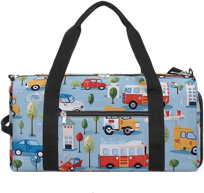 Rescue Vehicles Cartoon Sport Gym Bag for Men Women Cute Travel Duffel Bag with Wet Pocket Shoes Compartment Carry on Pack for Workout Overnight Weekend Trip