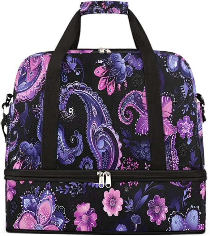 Purple Pink Abstract Paisley Large Weekender Bag with Shoe Compartment Travel Duffel Bags for Women Carry On Hospital Overnight Bag Foldable Personal Item Travel Bags Tote Gym Sports Airplanes