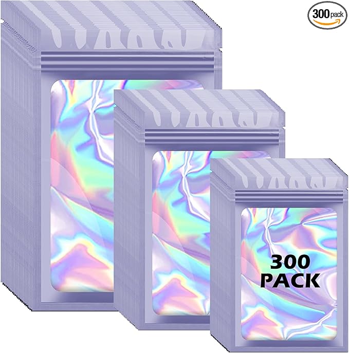 300 Pcs Holographic Mylar Bags, 3 Size Smell Proof Bags with Clear Window Foil Pouch Bags Resealable Bags for Small Business and Food Storage, Purple