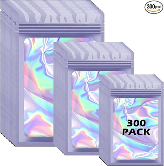 300 Pcs Holographic Mylar Bags, 3 Size Smell Proof Bags with Clear Window Foil Pouch Bags Resealable Bags for Small Business and Food Storage, Purple