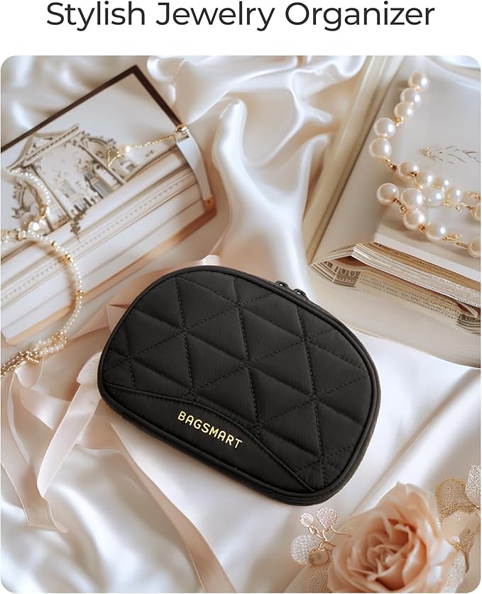 BAGSMART Travel Jewelry Case Jewelry Organizer Storage Roll Rings Necklaces Earrings Bracelets Brooches Watch Small Portable Black