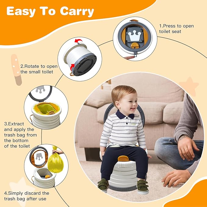 Portable Potty Chair for Toddlers with Splash-Proof Design, Foldable Travel Potty with Bag & 30 Refills - Kids Toilet for Car, Camping, Indoor - Easy Clean Baby Potty Training Seat(White-Gray)