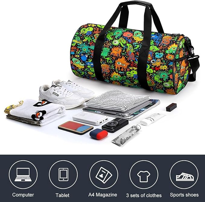 Workout Lightweight Duffel Bags Trippy Monster Art Black Carry On Weekender Overnight Bag Gym Sport Yoga Dance Bags