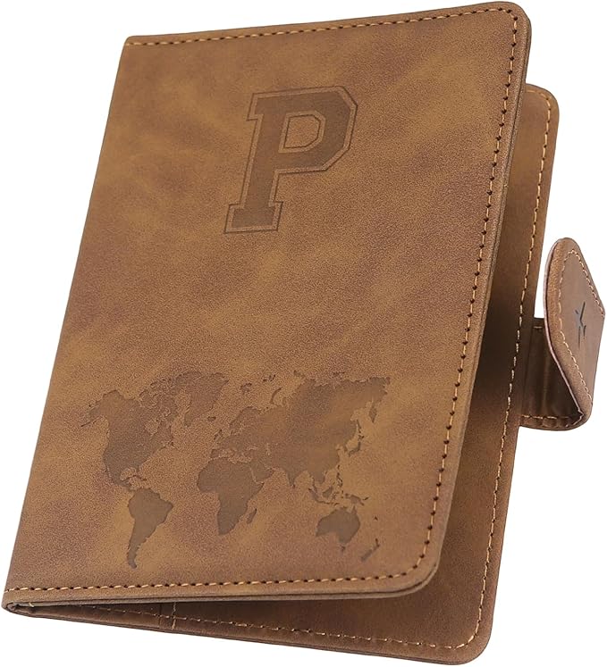 Personalized Passport Holder – Initial Letter Passport Cover with RFID Blocking, Holds 2 Passports, Slim PU Leather Unisex Travel Wallet, Brown P