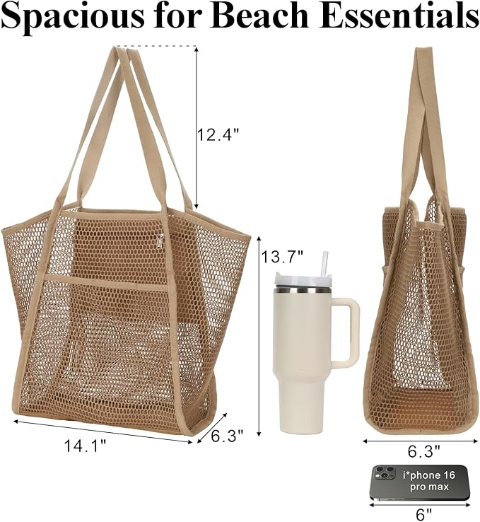 F-color Mesh Beach Bag Family - Large Tote Bag 9 Pockets for Swim Pool Toys Cruise Beach Vacation Essentials