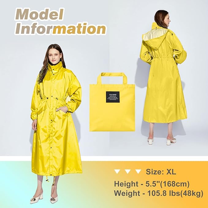 LAMA Womens Long Raincoats Rain Jacket Waterproof Packable Hooded Windbreaker Lightweight Adjustable Waist for Outdoor