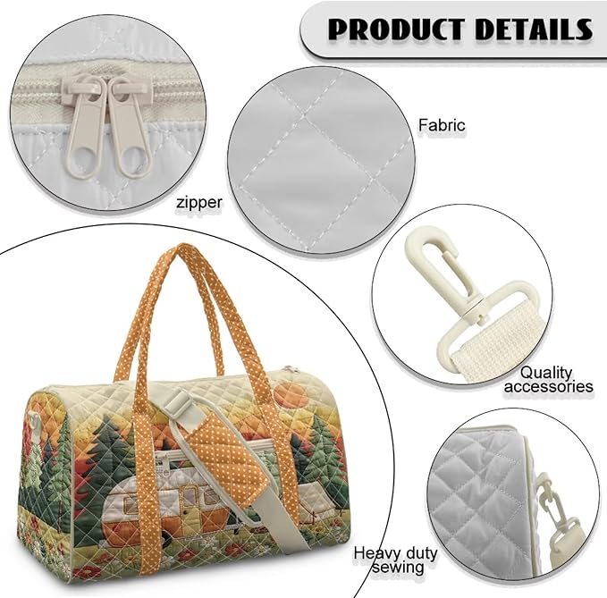 COEQINE Print Quilted Travel Duffle Bag For Women,Orange Car Camper Forest Print Quilted Tote Bag Large Car Weekend Bag with Zipper Pocket Dance Bag Organizer