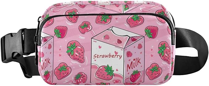 Kawaii Pink Strawberry Milk Fanny Pack for Women Men Water Resistant Fashion Waist Packs with Adjustable Strap Belt Bag for Travel Workout Jogging Hiking 21219124