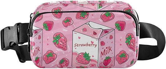 Kawaii Pink Strawberry Milk Fanny Pack for Women Men Water Resistant Fashion Waist Packs with Adjustable Strap Belt Bag for Travel Workout Jogging Hiking 21219124
