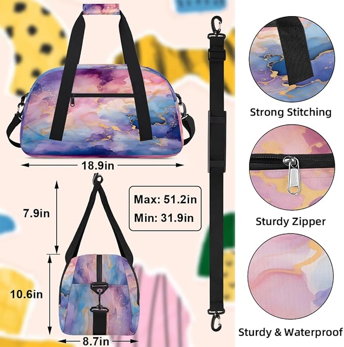 Duffle Bag for Women Men, Purple Blue Gold Marble Gym Bag for Travel Sports, Lightweight Waterproof Weekender Overnight Bags with Adjustable Strap