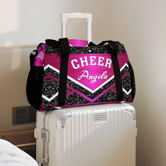 Personalized Cheerleaders Pink Red Fuchsia Cheering Duffle Bag with Adjustable Shoulder Strap Tote Bag for Women Man Workouts Custom Travel Perform Bag