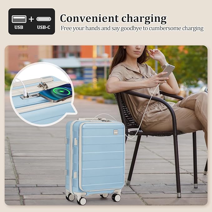 imiomo Carry on Luggage Airline Approved with Front Pocket and USB Port, Hard Shell 20 Inch Travel Carry-on Suitcase with Spinner Wheels and TSA Lock, Blue Beige