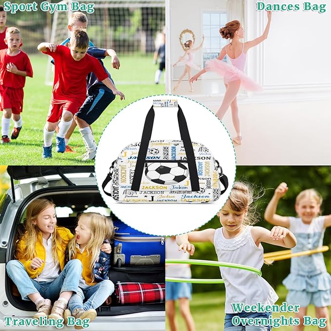 Custom Name Soccer Duffel Bag for Boys, Personalized Sports Gym Bag Overnight Travel Weekender Bag Lightweight Carry On Sleepovers Bag for School Practice Gymnastics