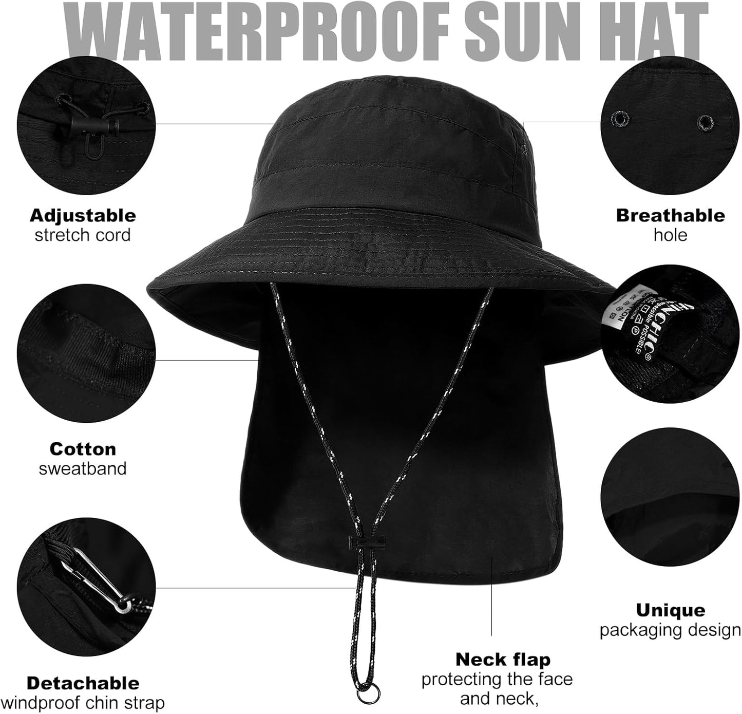 Water-Resistant Sun UPF 50+ Bucket Hat Protection Packable Brimmed Boonie for Women Men Summer Lightweight Hiking Outdoor Cap