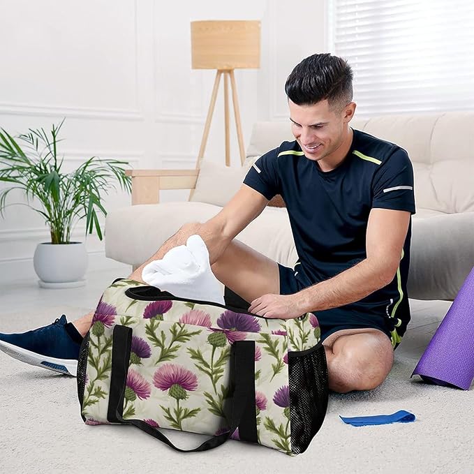 Scottish Thistles Flower Duffle Bag Gym Bag for Workout Travel Tote with Detachable Straps