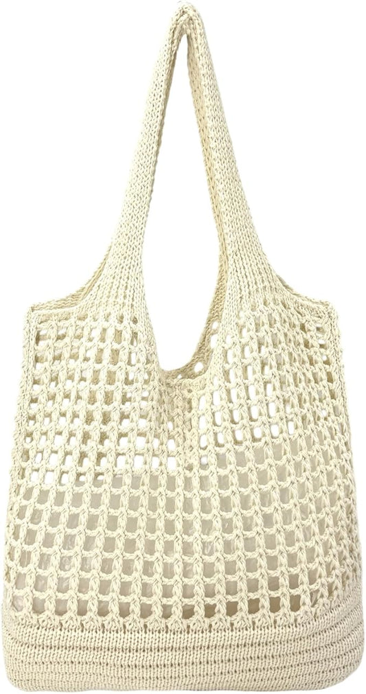 ENBEI Women Foldable Beach Tote, Washable Lightweight Beach Bag, Eco-Friendly Knit Shoulder Purse for Travel/Shopping/Gifts