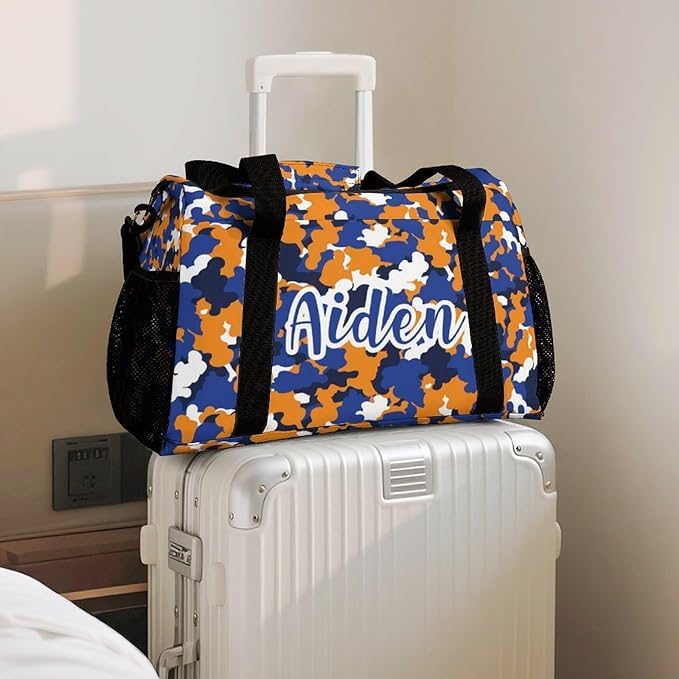 Camouflage Navy Blue Orange Camo Waterproof Duffel Bag Gym Dance Sport Perform Training Bag for Teens Adults Women Men Handheld Crossbody Travel Bag