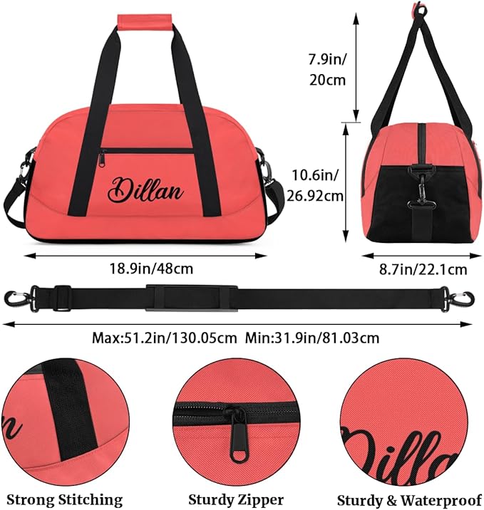 Custom Name Gym Duffel for Kids,Personalized Sports Bag Lightweight Gym Bags for Boys & Girls,Fitness Travel Weekender for Travel, Workout Coral Red