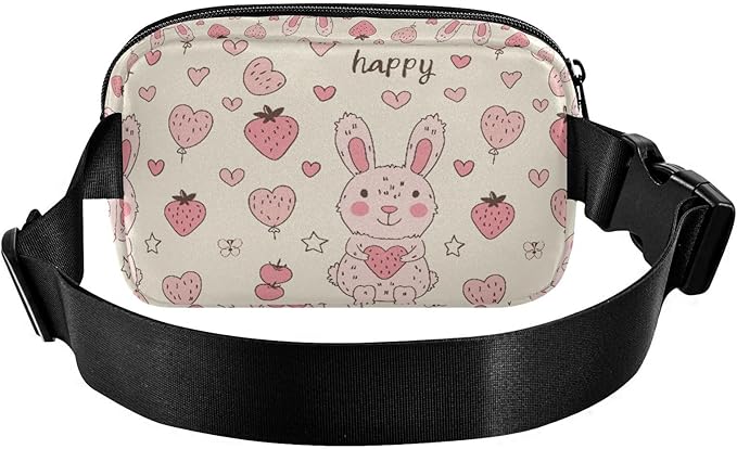 Kawaii Pink Rabbit Strawberry Fanny Pack for Women Men Water Resistant Fashion Waist Packs with Adjustable Strap Belt Bag for Travel Workout Jogging Hiking 21219117