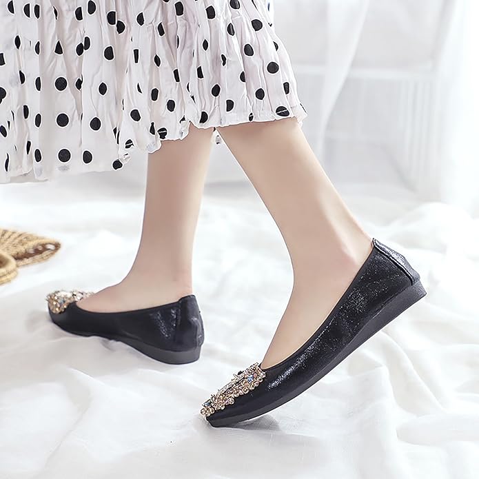 Women Ballet Flats Sparkly Rhinestone Wedding Ballerina Shoes Pointed Toe Foldable Comfort Slip on Flat Dress Shoes
