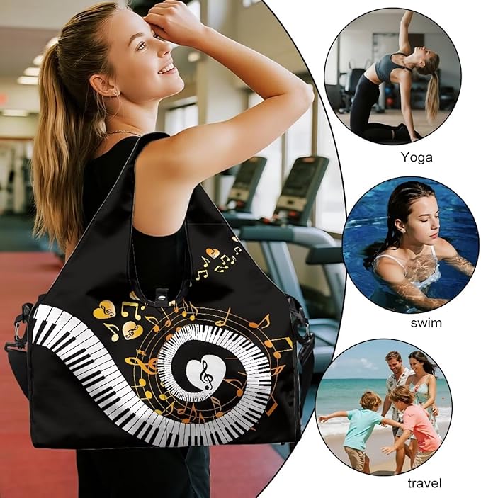 Musical Notes Heart Gym Bag for Women with Shoes Compartment and Yoga Mat Strap Large Capacity Duffle Bag for Dance Swim Travel Carry On Weekender Overnight Bags, Black