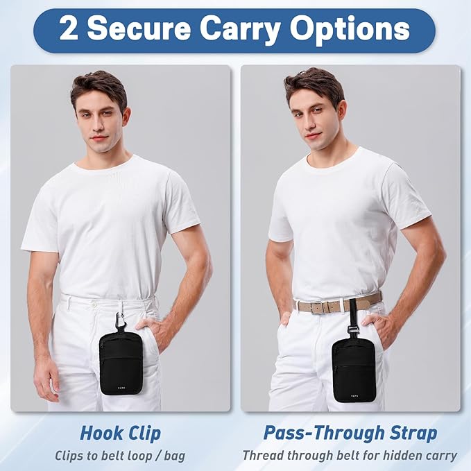 RFID Hidden Travel Wallet Belt Wallet – Large Capacity Passport Holder & Hidden Money Pouch, 3-Zone Organizer Anti-Theft Waist Wallet with Dual Clip Belt & Carabiner