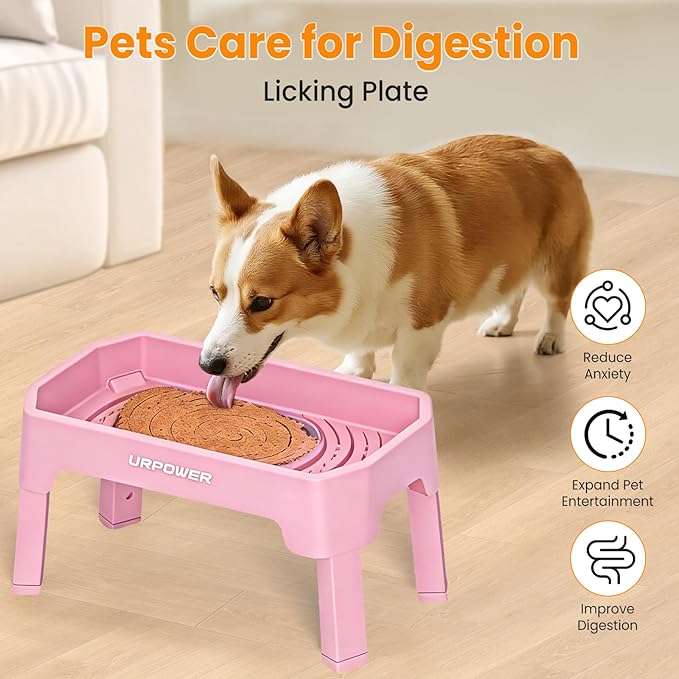 URPOWER 3-in-1 Elevated Dog Bowls - Mess Proof Double Deck 4 Height Adjustable Raised Stand with 2 Stainless Steel Food Bowls and Licking Plate for Small Medium & Large Dogs