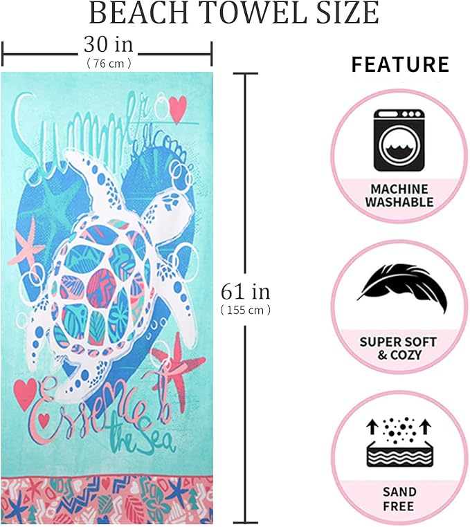 Beach Towel Microfiber 60"x30" Lightweight Sand Free Absorbent Quicy Dry Colorful Turtle Travel Towels Swim Pool Yoga Gym Camping for Adults Women Girls Kids Beach Essentials Accessories