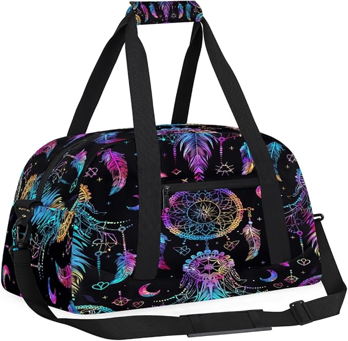 Travel Duffle Bag, Rainbow Dreamcatcher Feather Waterproof Weekender Overnight Bags for Women Men Lightweight Carry on Duffle Gym Bag for Travel, Sports, Fitness, Workout