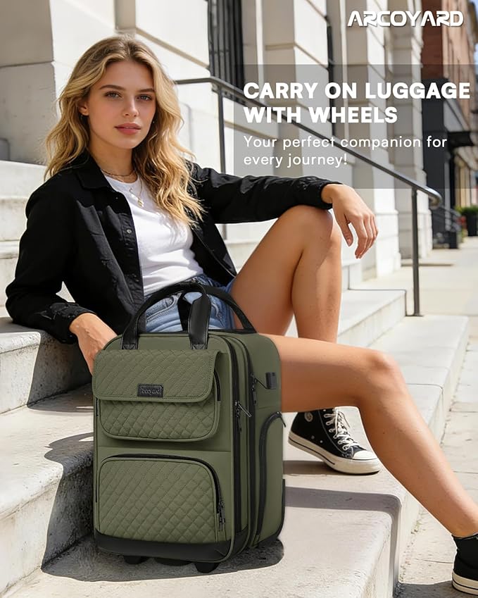 Underseat Carry On Luggage with Wheels, Airline Approved Personal Item Luggage, 16-Inch Multi-functional Underseat Luggage, Lightweight Overnight Suitcase for Women, Bussiness, Travel, Green