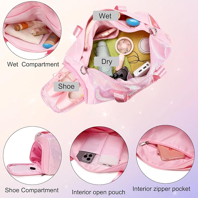 Glitter Dance Bag for Girls Ballet Bag Shiny Sports Duffle Bags with Shoes Compartment and Waterproof Dry Wet Separated Compartment
