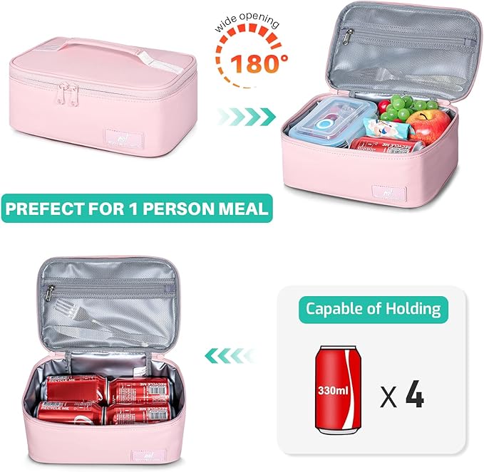 NOL Natural Organic Lifestyle Insulated Lunch Bag for Adults – Compact Cooler Lunch Box with Food-Grade Lining, Waterproof Lunch Bag for Work, Travel | Portable Thermal Meal Tote with Handle, Pink