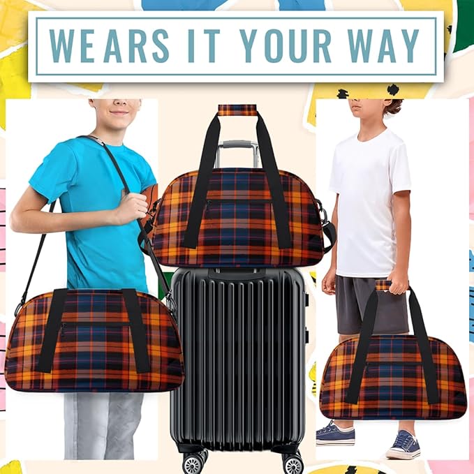 Sports Duffel Bags, Orange Plaid Water-Resistant Gym Duffle Bag for Men Women, Lightweight Weekender Overnight Bag for Fitness, Workout, Travel