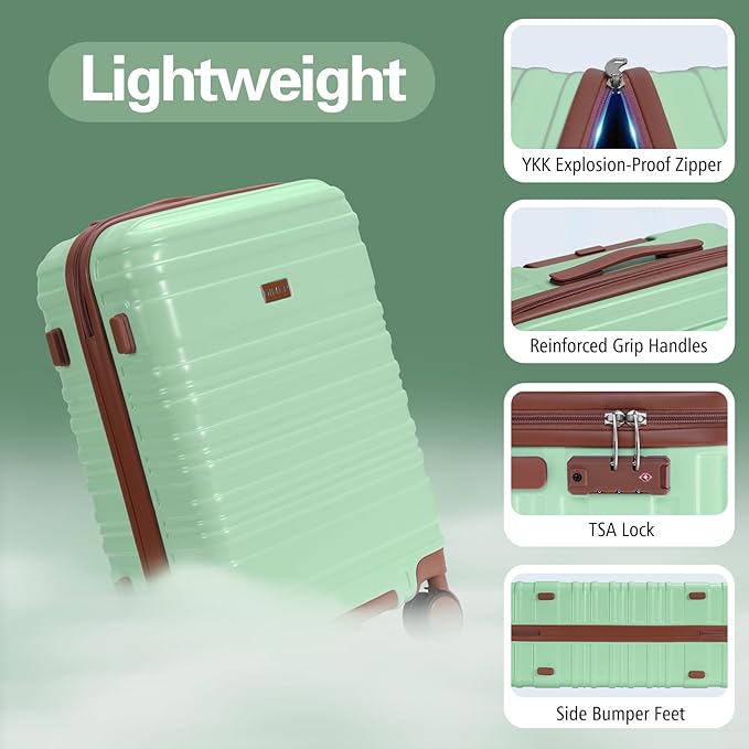 20 Inch Carry on Luggage 22x14x9 Airline Approved Green PC Hardside Double Spinner Wheels Lightweight Suitcase TSA Lock Travel for Men and Women