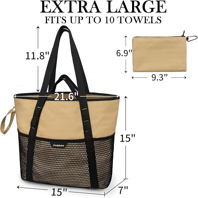 Large Beach Bag with Zipper-8 Pockets Sandproof Beach Tote Bag for Women,Foldable Lightweight Family Swim Bag Vacation